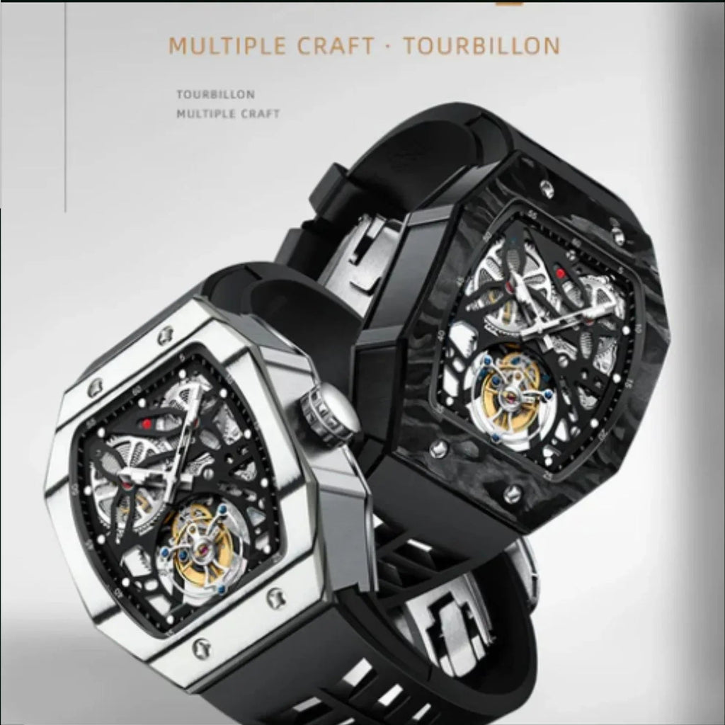 AESOP Carbon Fiber Bezel Tonneau Case Skeleton Tourbillon Watch 7036 - DREAM WATCHES