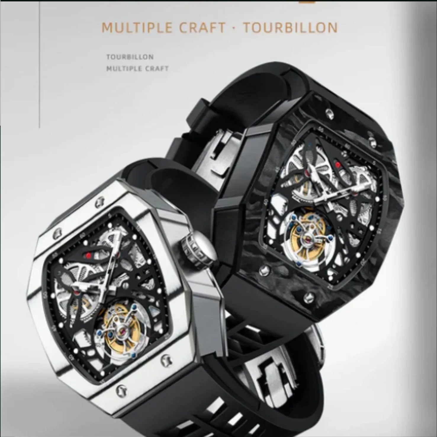 AESOP Carbon Fiber Bezel Tonneau Case Skeleton Tourbillon Watch 7036 - DREAM WATCHES