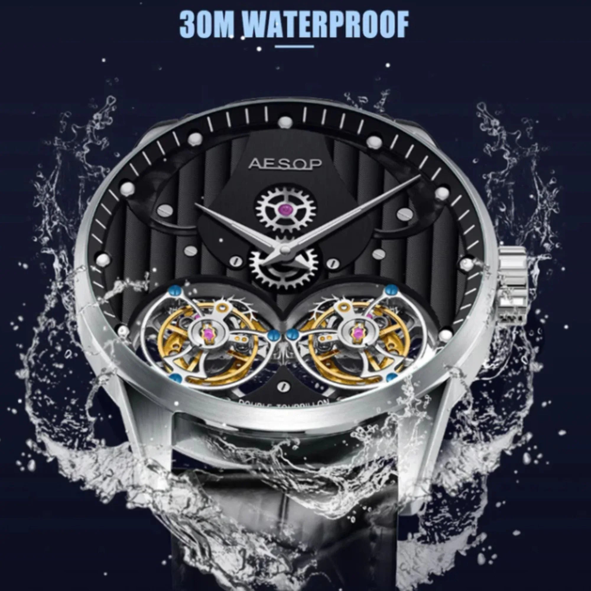 Aesop Double Tourbillon Men Watch Flying Tourbillon Sapphire Crystal Wristwatch 7030 - DREAM WATCHES