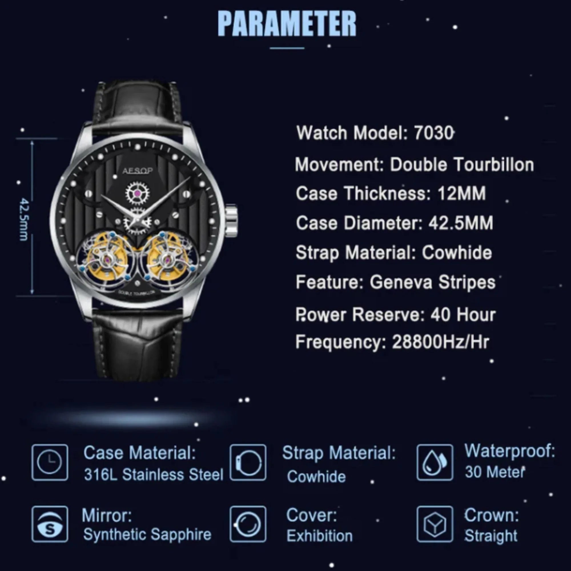 Aesop Double Tourbillon Men Watch Flying Tourbillon Sapphire Crystal Wristwatch 7030 - DREAM WATCHES