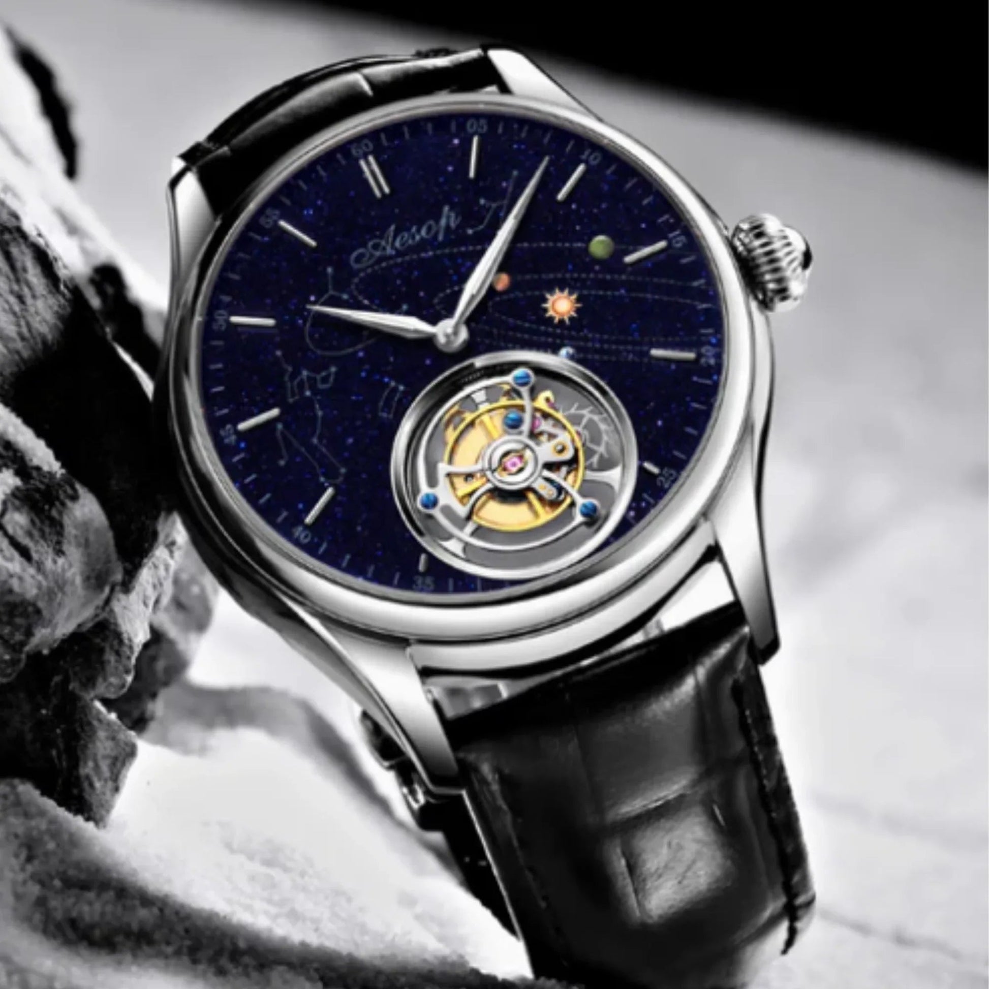 AESOP Mens Luxury Real Flying Tourbillon Mechanical Sapphire Waterproof Watch Skeleton Watches for Men Wristwatches 7025 - DREAM WATCHES