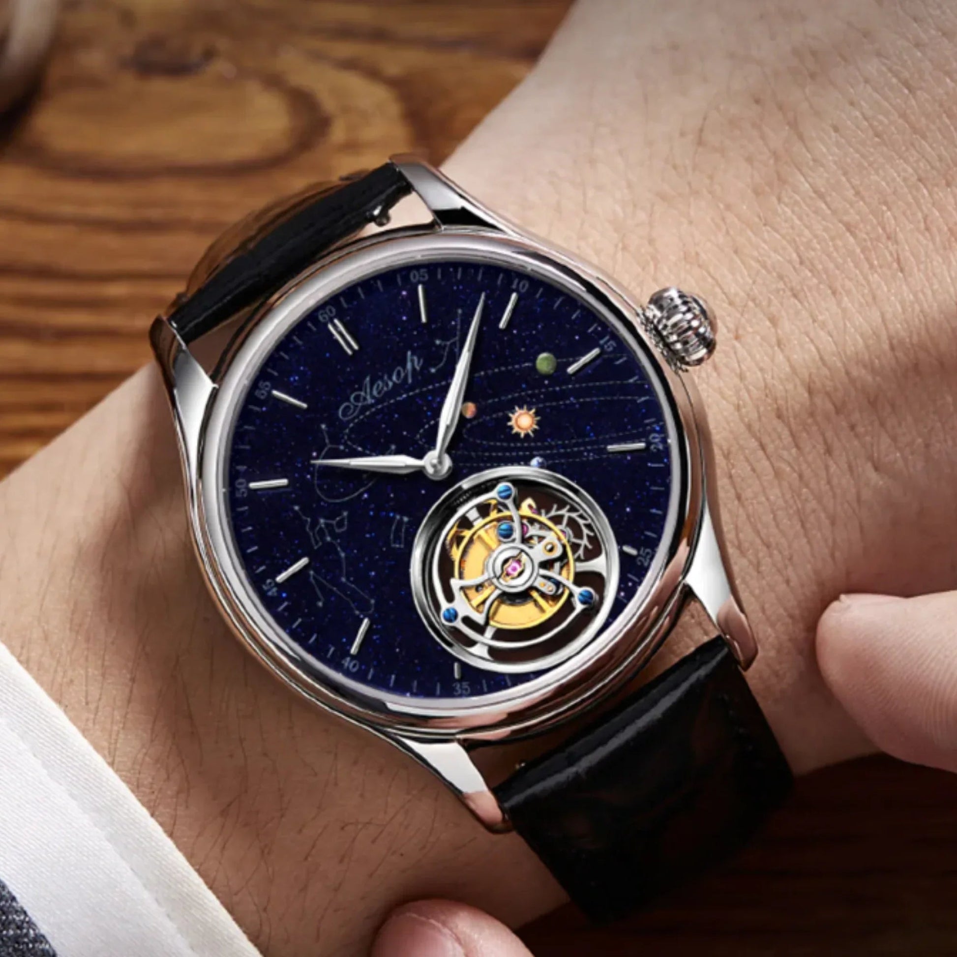 AESOP Mens Luxury Real Flying Tourbillon Mechanical Sapphire Waterproof Watch Skeleton Watches for Men Wristwatches 7025 - DREAM WATCHES