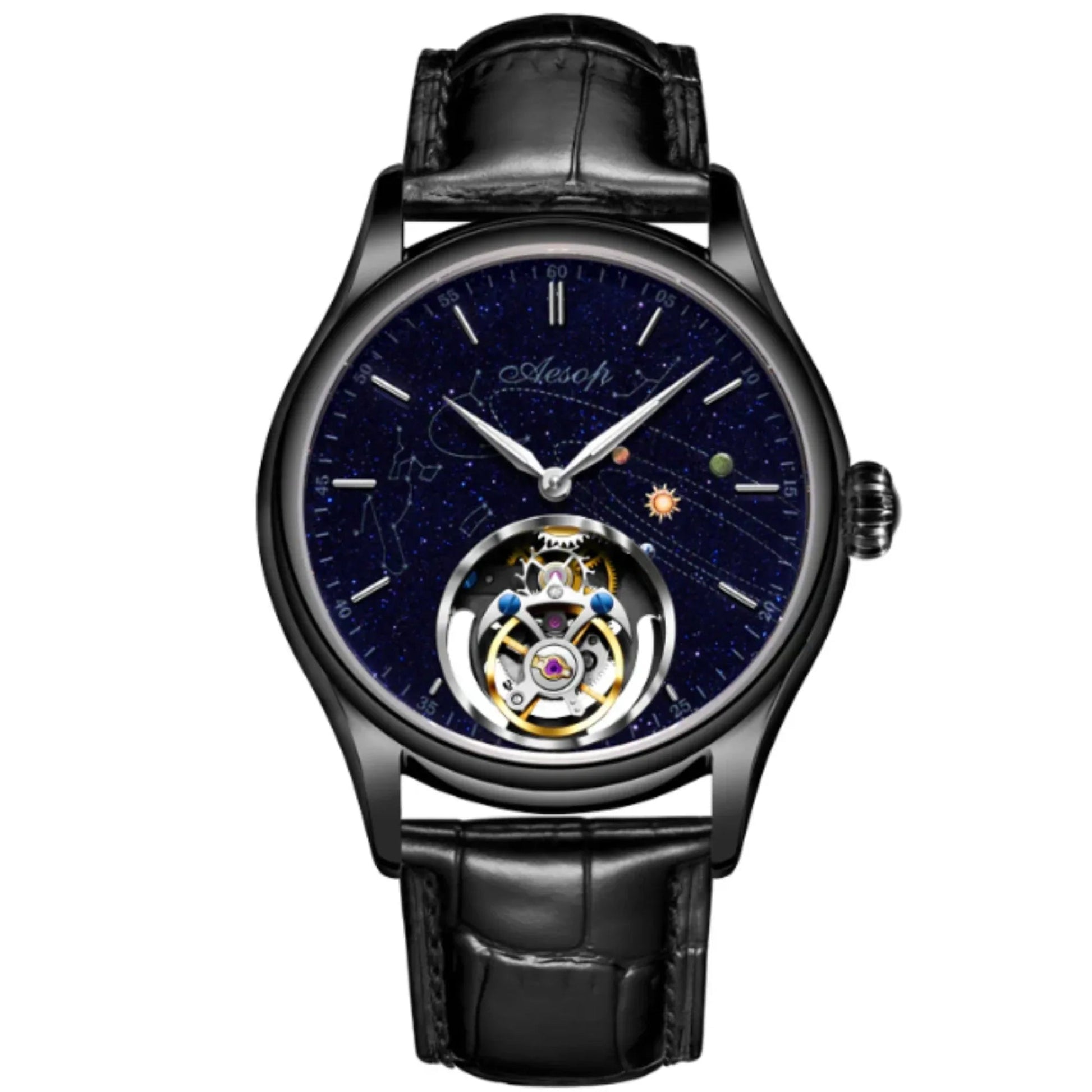 AESOP Mens Luxury starry sky dial Tourbillon 7049 - Black - DREAM WATCHES