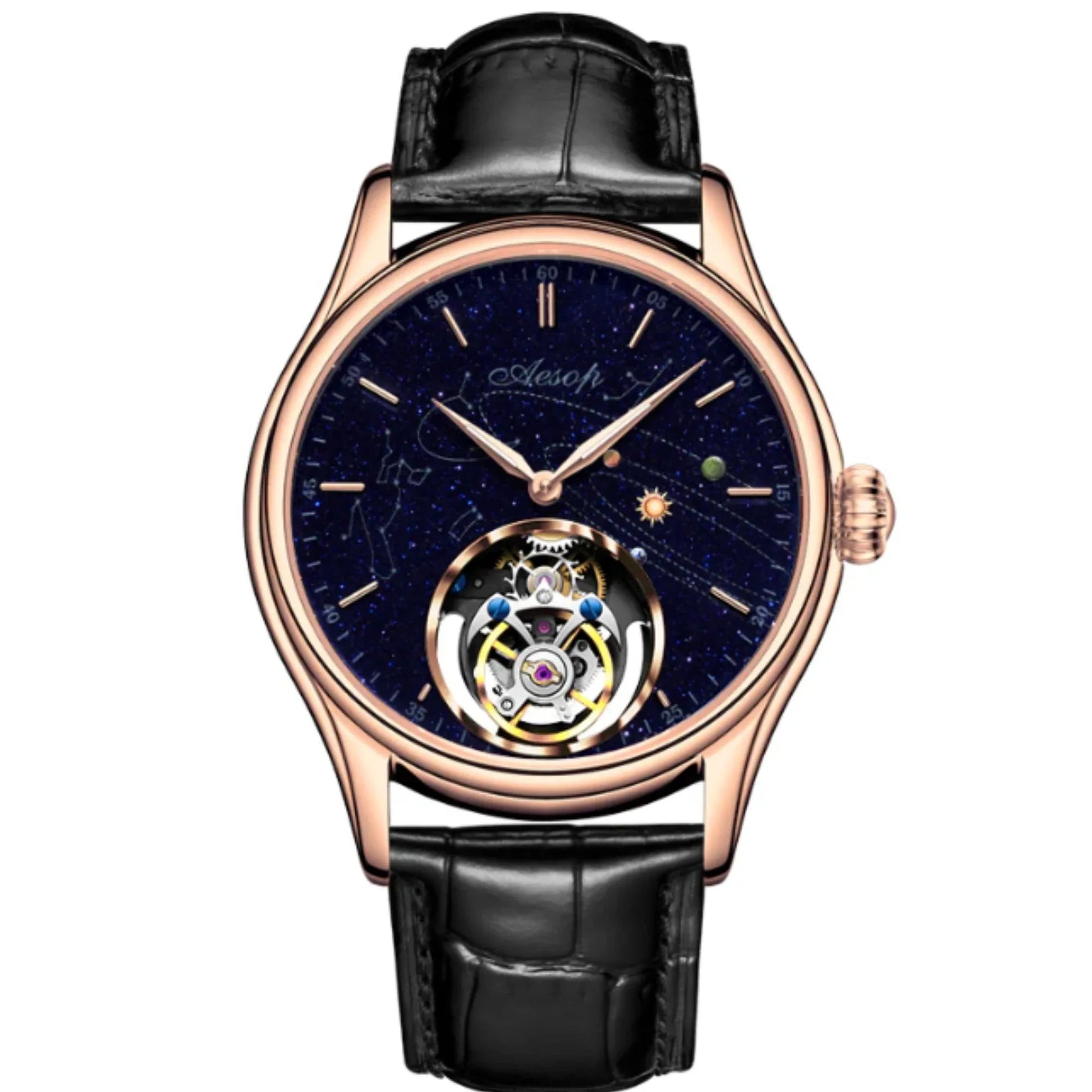 AESOP Mens Luxury starry sky dial Tourbillon 7049 - Rose Golden - DREAM WATCHES