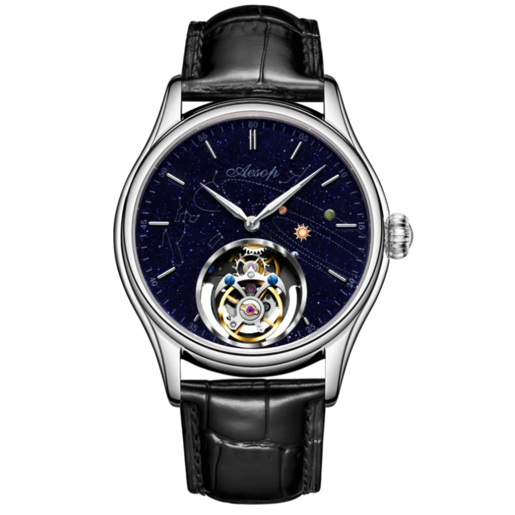 AESOP Mens Luxury starry sky dial Tourbillon 7049 - Silver - DREAM WATCHES