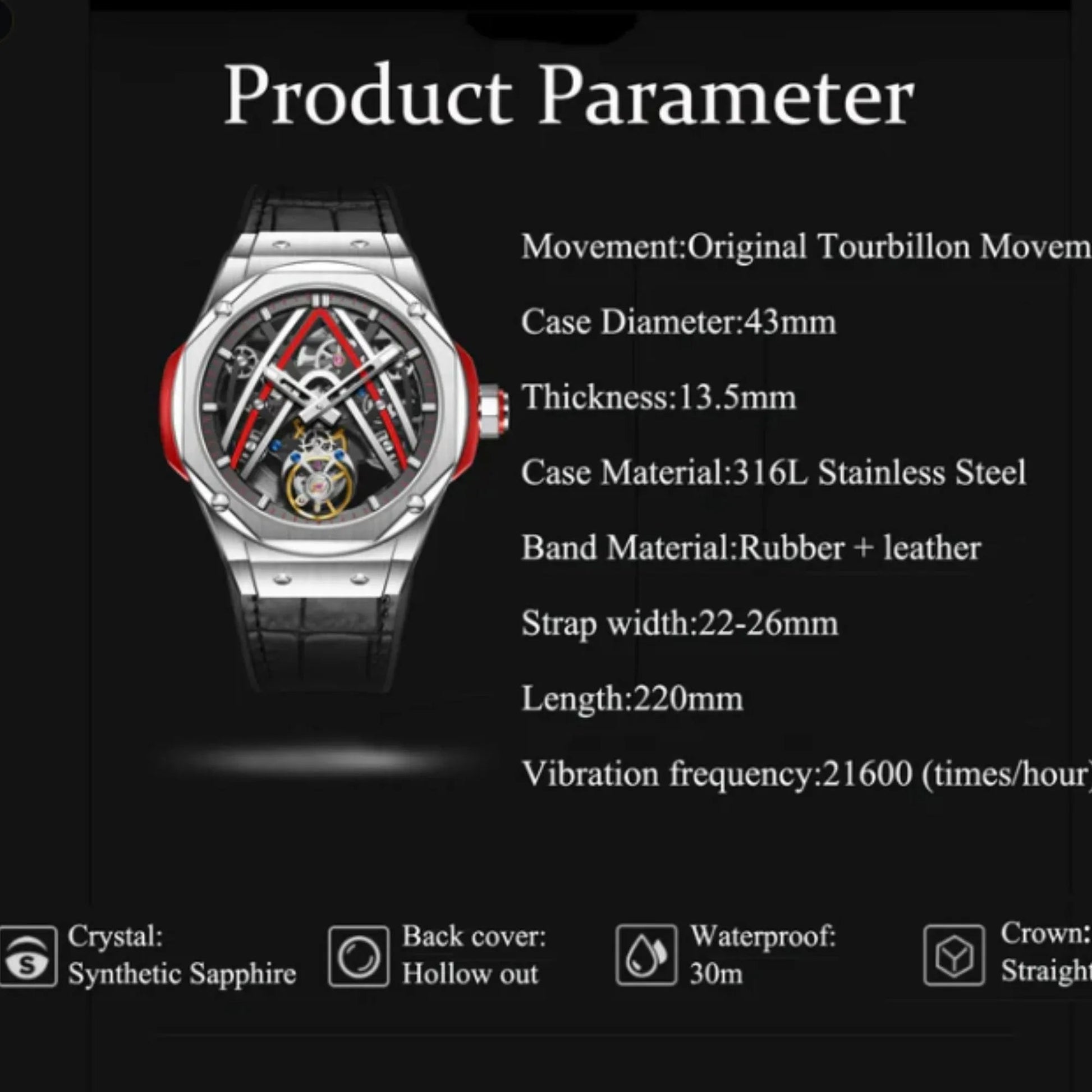 Aesop Original Tourbillon Movement U Shaped Dial Automatic Tourbillon Watch 7070 - Red Accents - DREAM WATCHES