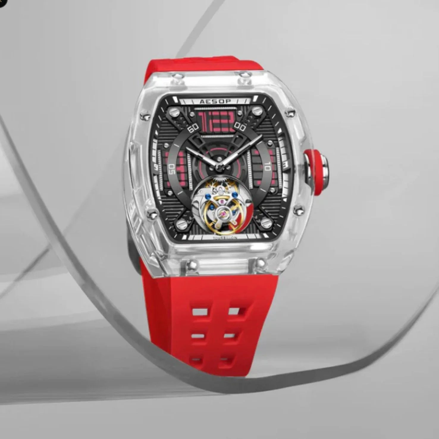 AESOP Transparent Crystal Tonneau Watch Original diamond tourbillon movement watch 7043 - DREAM WATCHES