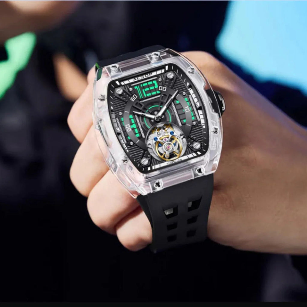 AESOP Transparent Crystal Tonneau Watch Original diamond tourbillon movement watch 7043 - DREAM WATCHES