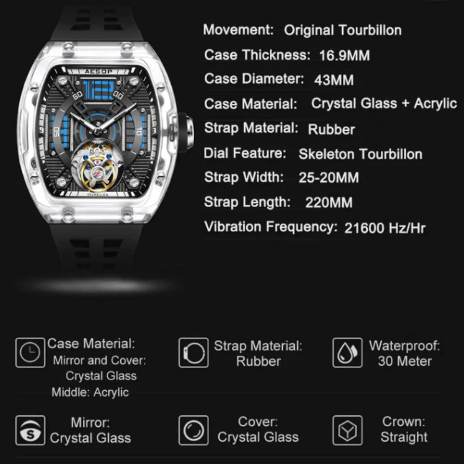 AESOP Transparent Crystal Tonneau Watch Original diamond tourbillon movement watch 7043 - DREAM WATCHES