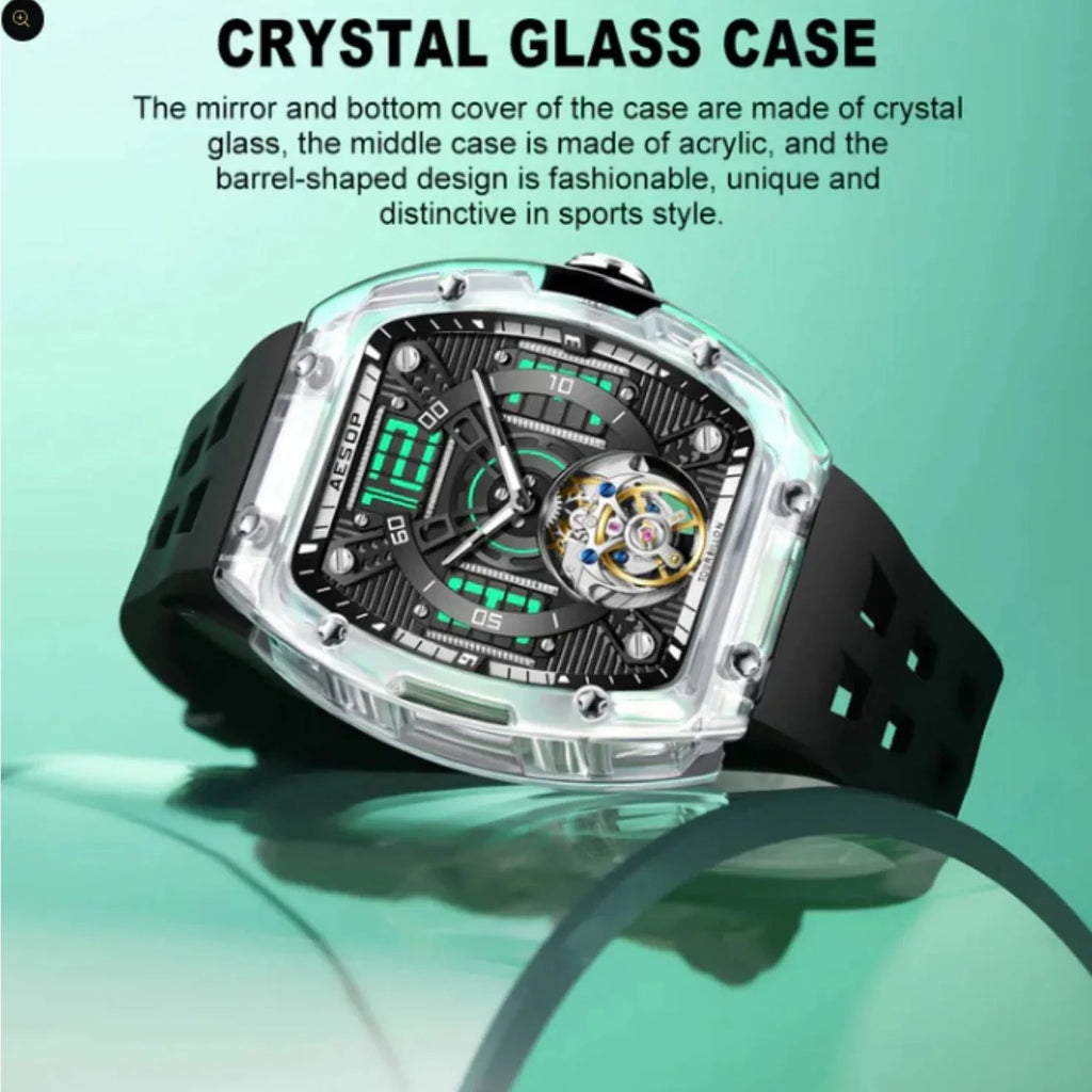 AESOP Transparent Crystal Tonneau Watch Original diamond tourbillon movement watch 7043 - DREAM WATCHES