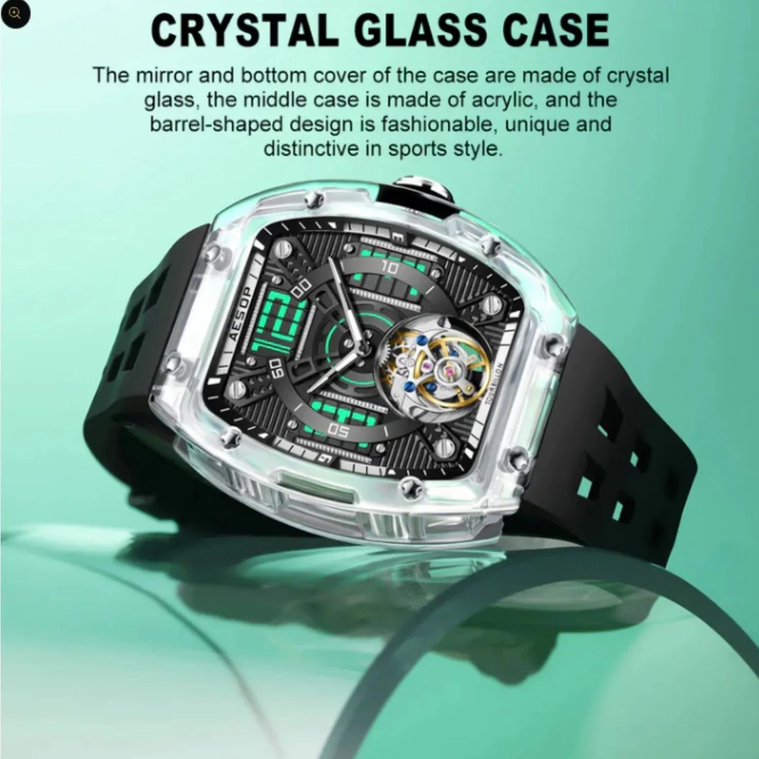 AESOP Transparent Crystal Tonneau Watch Original diamond tourbillon movement watch 7043 - DREAM WATCHES