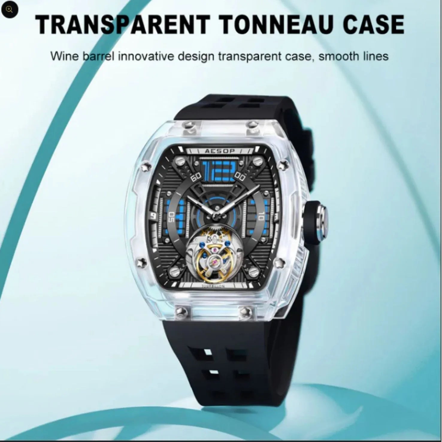 AESOP Transparent Crystal Tonneau Watch Original diamond tourbillon movement watch 7043 - DREAM WATCHES