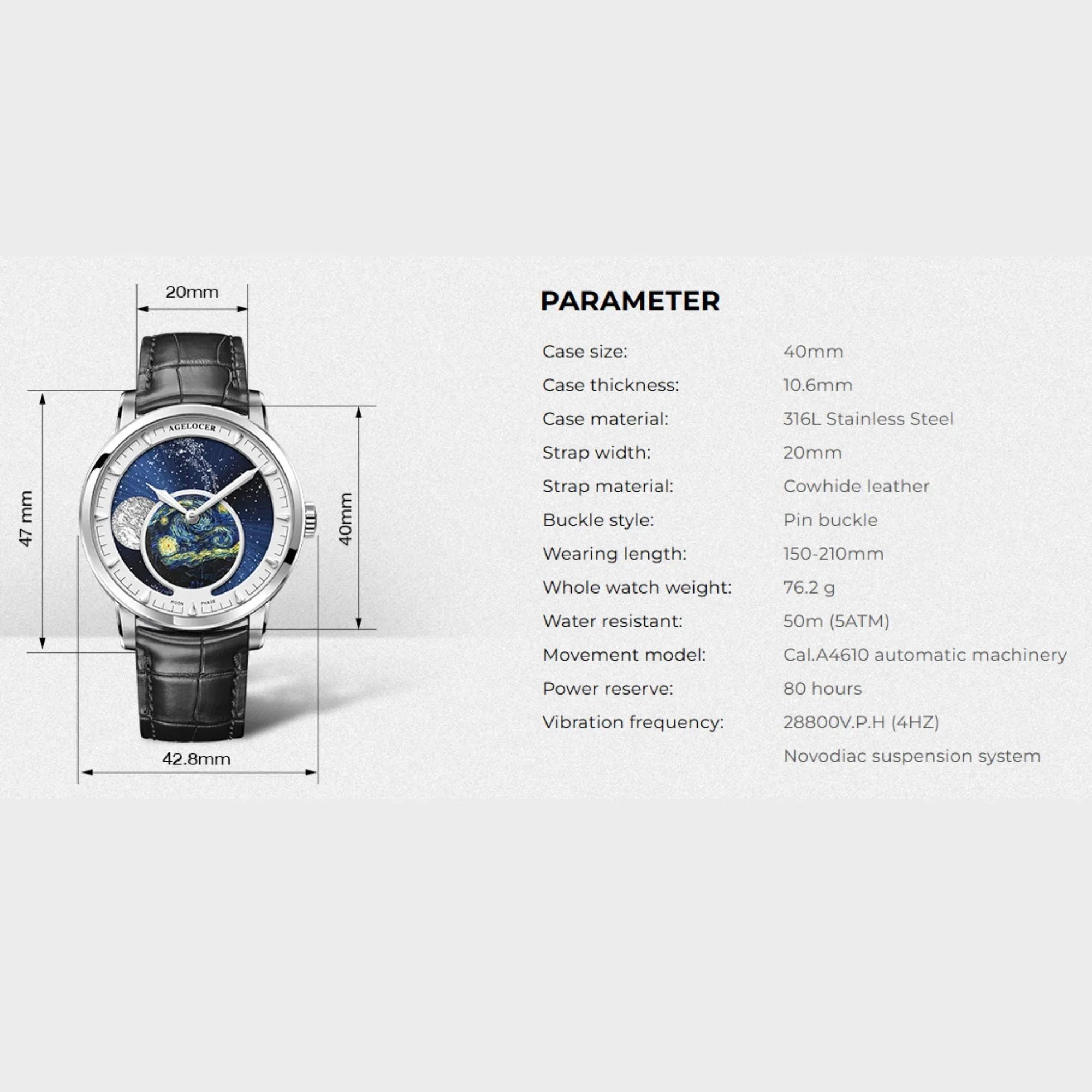 Agelocer Astronomer Men's Automatic Mechanical Glaxy Moonphase Watch Stainless Steel - DREAM WATCHES