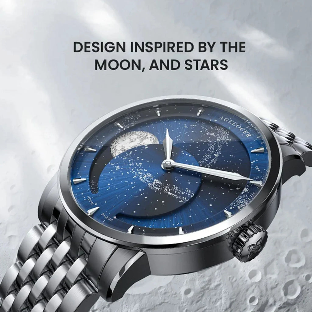 Agelocer Astronomer Original Men's Automatic Mechanical Silver Glaxy Moonphase Watch Steel Belt - DREAM WATCHES