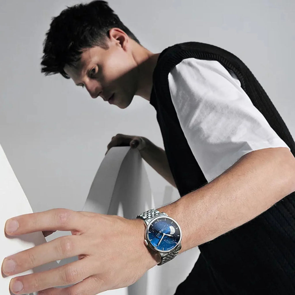 Agelocer Astronomer Original Men's Automatic Mechanical Silver Glaxy Moonphase Watch Steel Belt - DREAM WATCHES