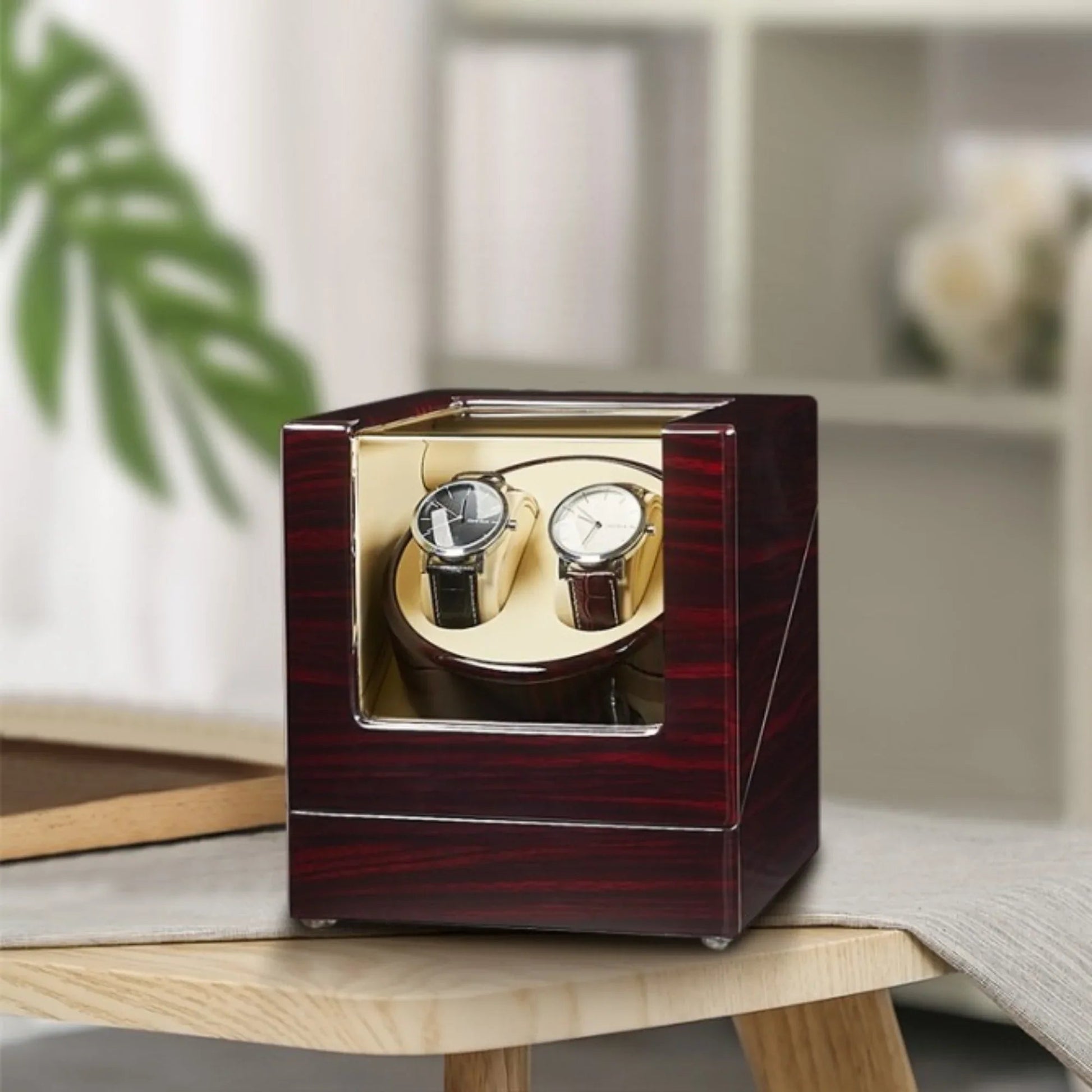 Automatic Double Watch Winder Box Luxurious Wooden Shell Piano Paint Exterior & Silent Wrist Watch Motor: Maroon/Black-Carbon FIber - DREAM WATCHES