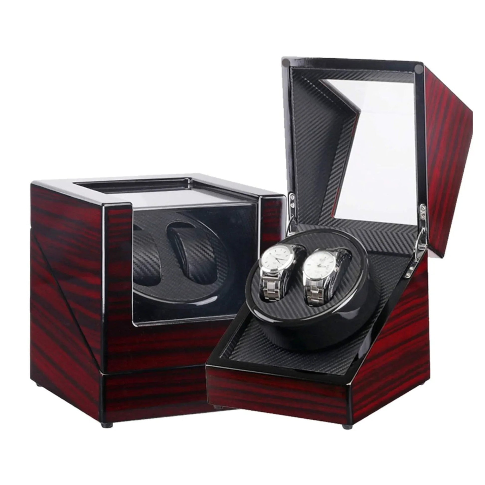 Automatic Double Watch Winder Box Luxurious Wooden Shell Piano Paint Exterior & Silent Wrist Watch Motor: Maroon/Black-Carbon FIber - DREAM WATCHES