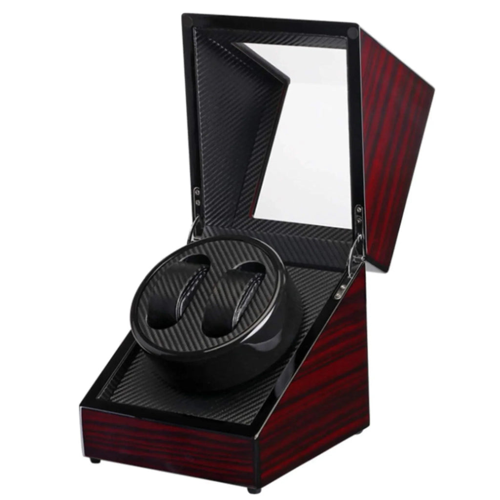 Automatic Double Watch Winder Box Luxurious Wooden Shell Piano Paint Exterior & Silent Wrist Watch Motor: Maroon/Black-Carbon FIber - DREAM WATCHES