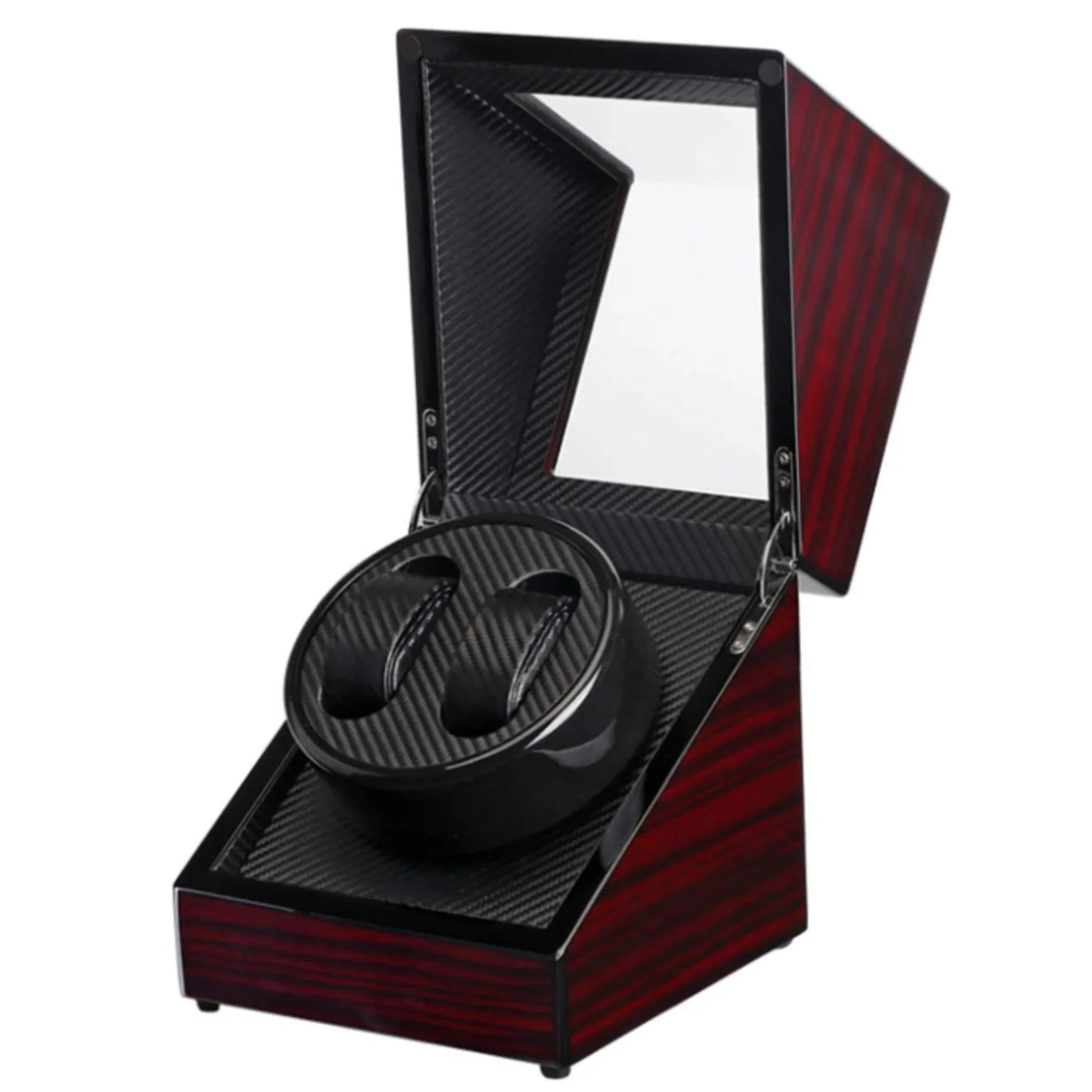 Automatic Double Watch Winder Box Luxurious Wooden Shell Piano Paint Exterior & Silent Wrist Watch Motor: Maroon/Black-Carbon FIber - DREAM WATCHES