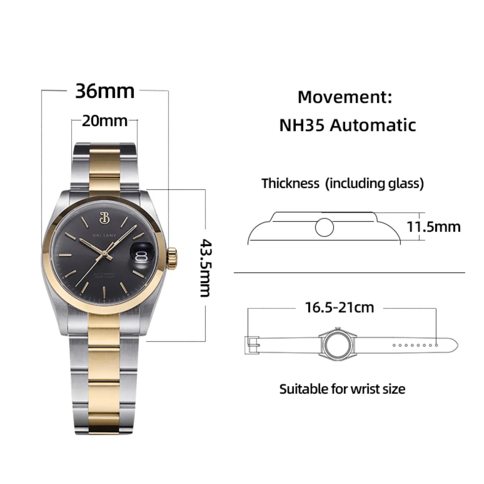 Baltany 36mm Smooth Bezel Perpetual DJ Homage Watch S4095 - DREAM WATCHES