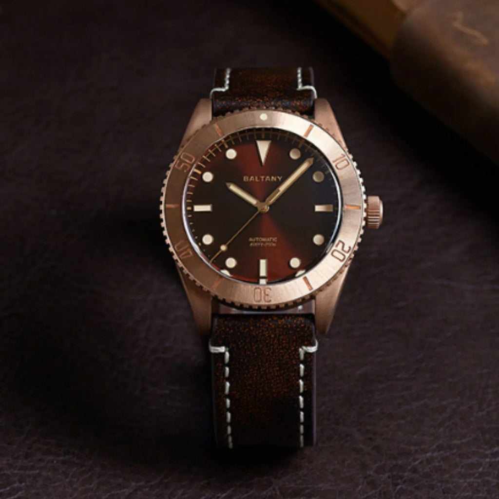 Baltany Burgundy Dial Bronze Diver Retro Watch S3016 - DREAM WATCHES