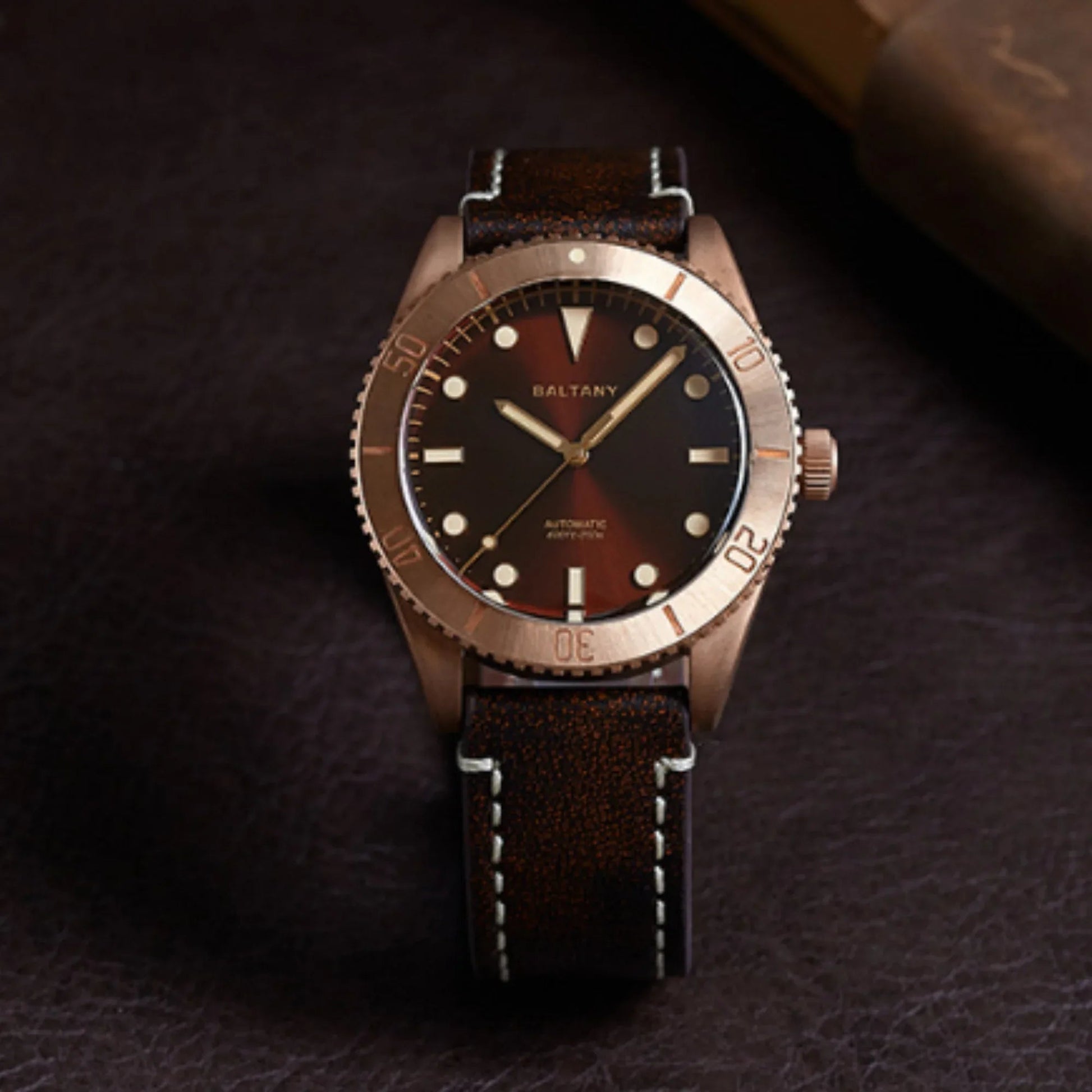 Baltany Burgundy Dial Bronze Diver Retro Watch S3016 - DREAM WATCHES