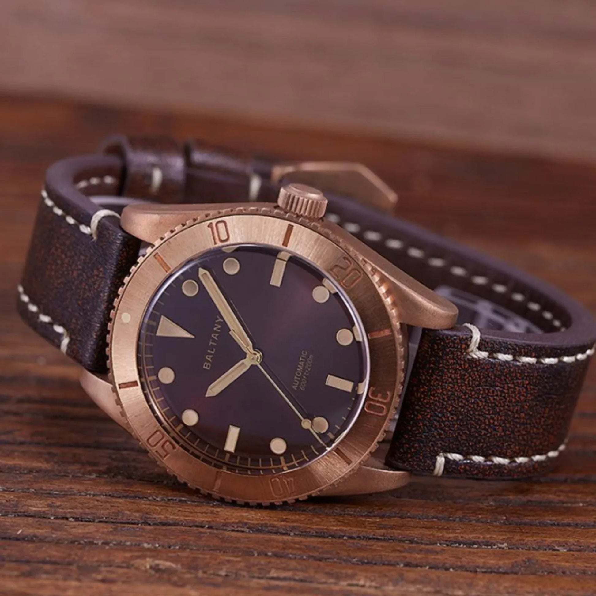 Baltany Burgundy Dial Bronze Diver Retro Watch S3016 - DREAM WATCHES