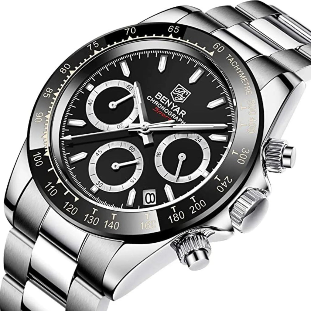 Benyar - BY-5169 Silver Black Classic Men's Watch with Chronograph and Stainless Steel Strap - DREAM WATCHES