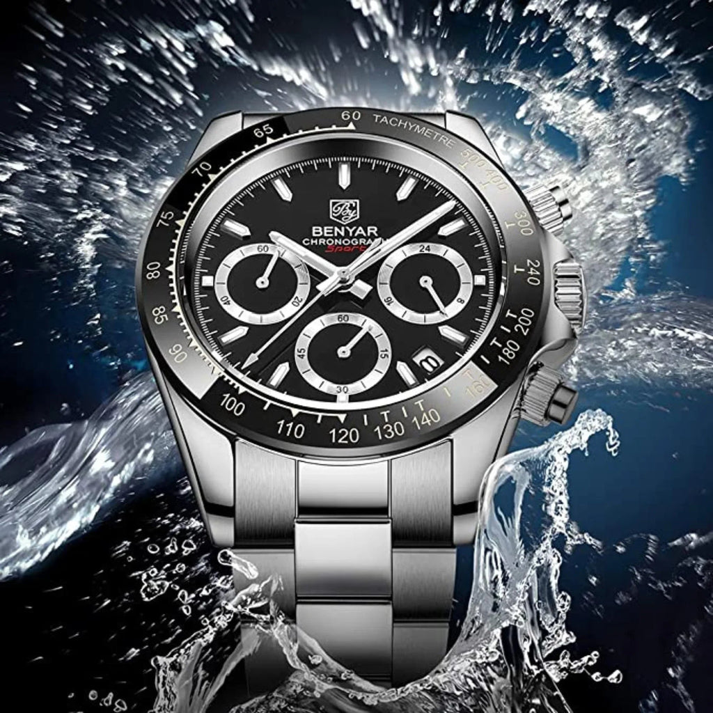 Benyar - BY-5169 Silver Black Classic Men's Watch with Chronograph and Stainless Steel Strap - DREAM WATCHES