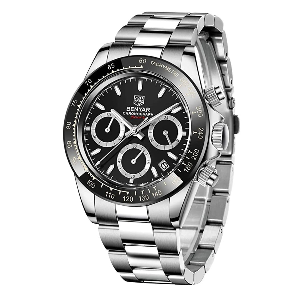 Benyar - BY-5169 Silver Black Classic Men's Watch with Chronograph and Stainless Steel Strap - DREAM WATCHES
