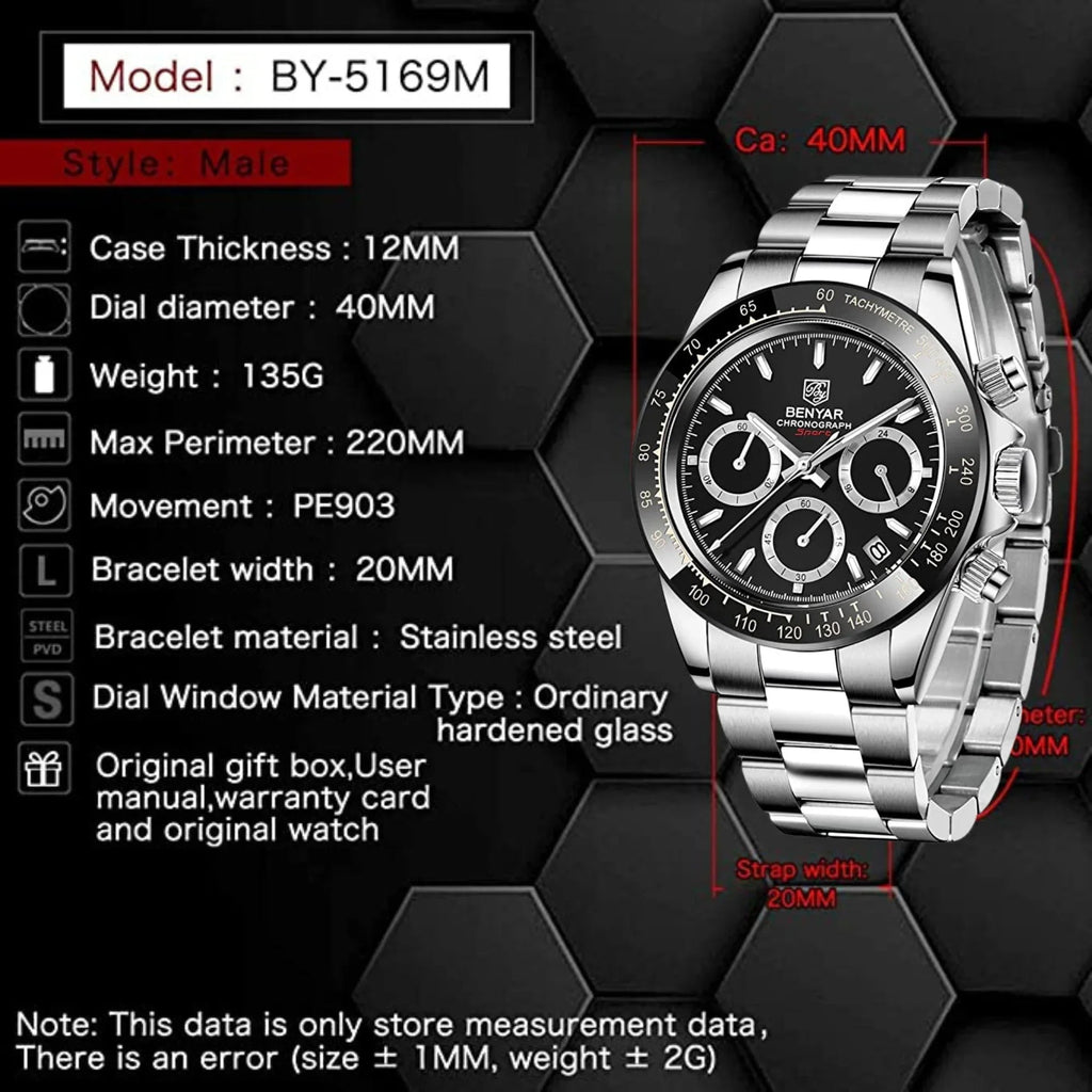 Benyar - BY-5169 Silver Black Classic Men's Watch with Chronograph and Stainless Steel Strap - DREAM WATCHES
