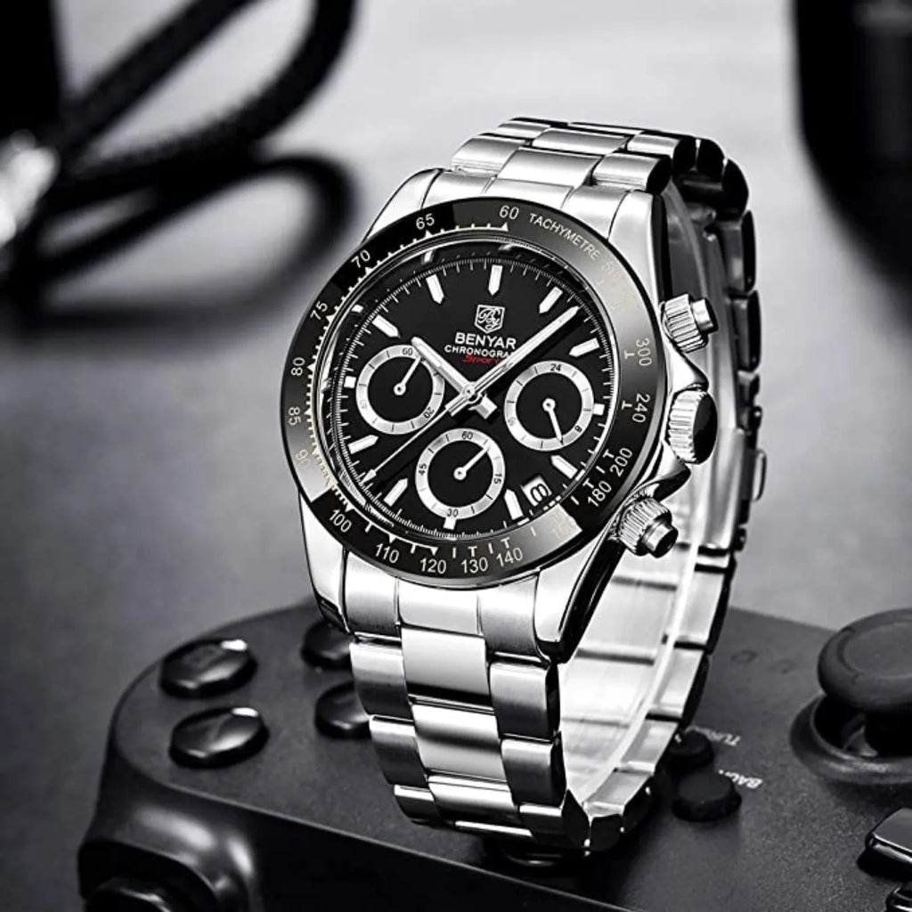 Benyar - BY-5169 Silver Black Classic Men's Watch with Chronograph and Stainless Steel Strap - DREAM WATCHES