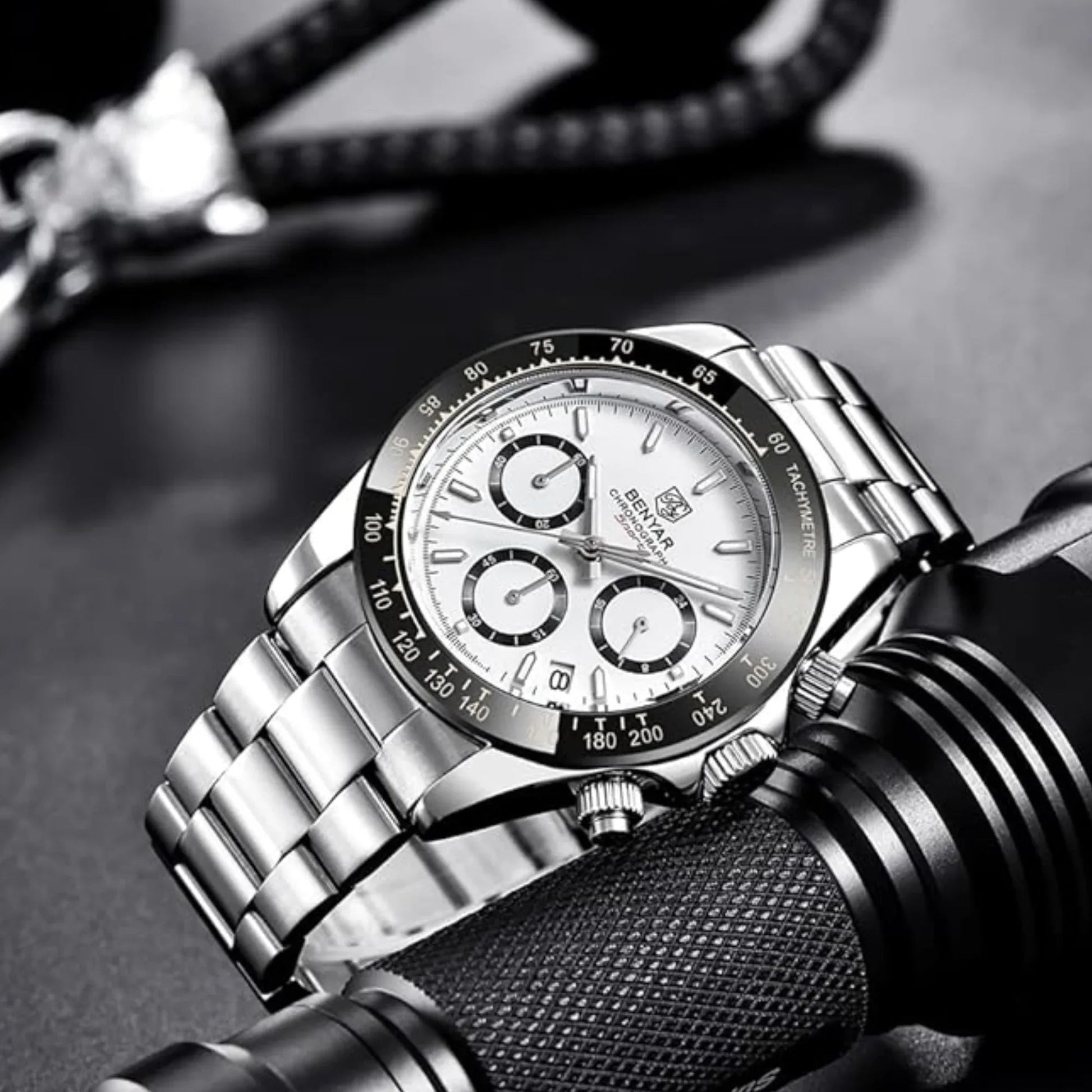 Benyar - BY-5169 White Classic Men's Watch with Chronograph and Stainless Steel Strap - DREAM WATCHES