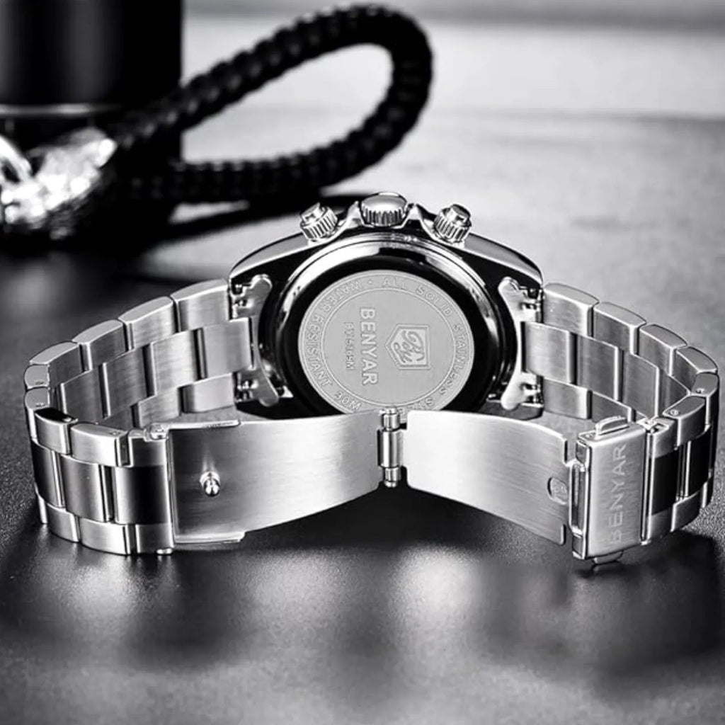 Benyar - BY-5169 White Classic Men's Watch with Chronograph and Stainless Steel Strap - DREAM WATCHES