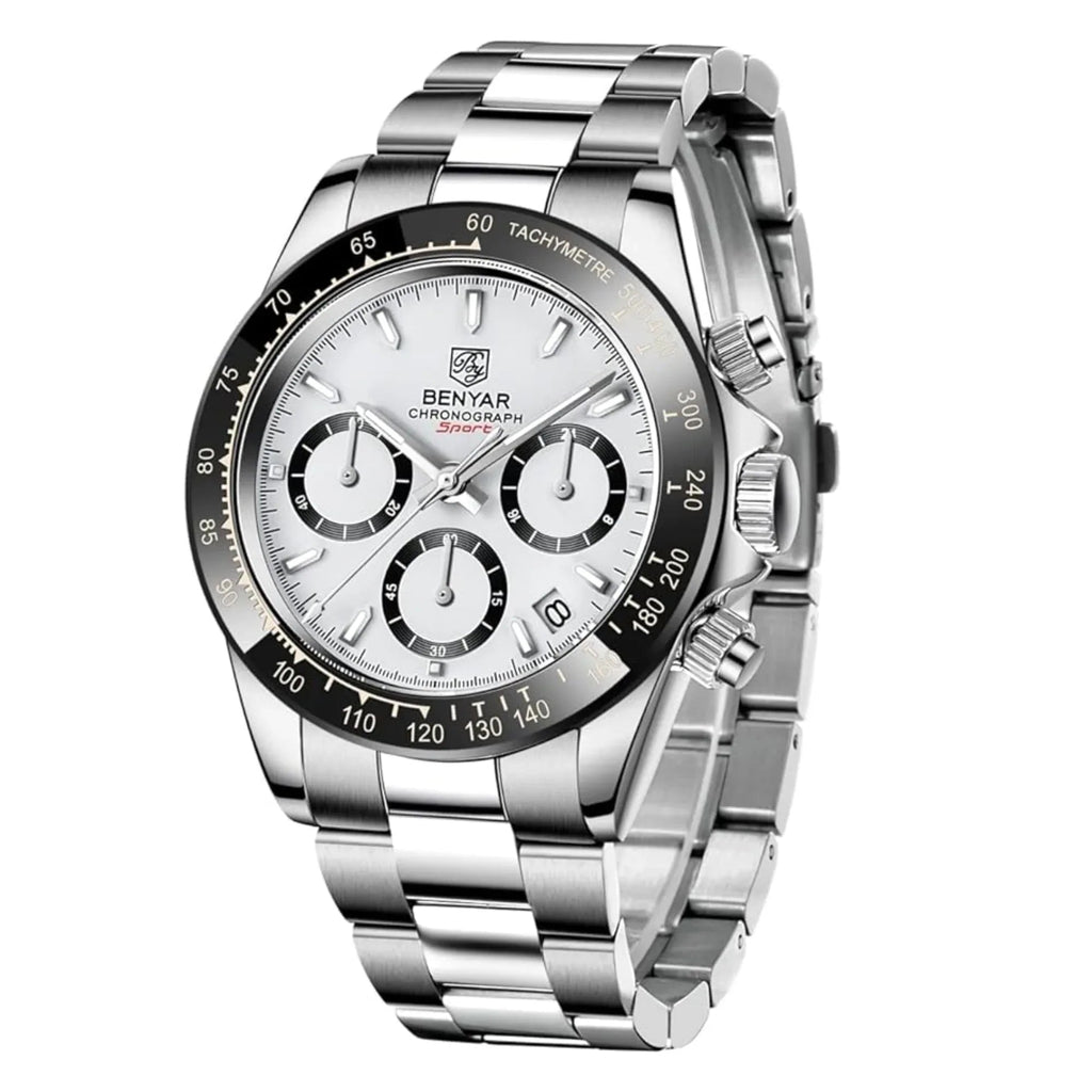Benyar - BY-5169 White Classic Men's Watch with Chronograph and Stainless Steel Strap - DREAM WATCHES