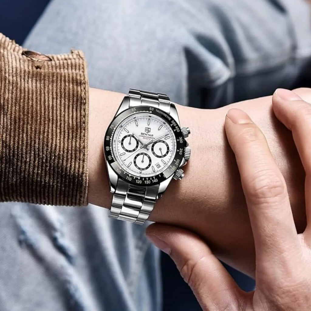 Benyar - BY-5169 White Classic Men's Watch with Chronograph and Stainless Steel Strap - DREAM WATCHES
