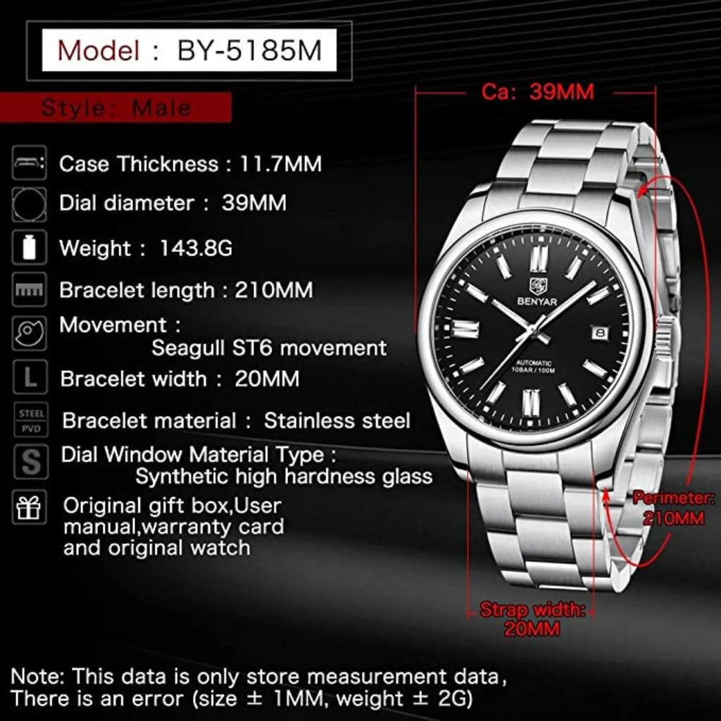 BENYAR Classic Men's Watch Stainless Steel Strap Waterproof Luminous Simple Business Sports Wristwatch - Black Dial - DREAM WATCHES