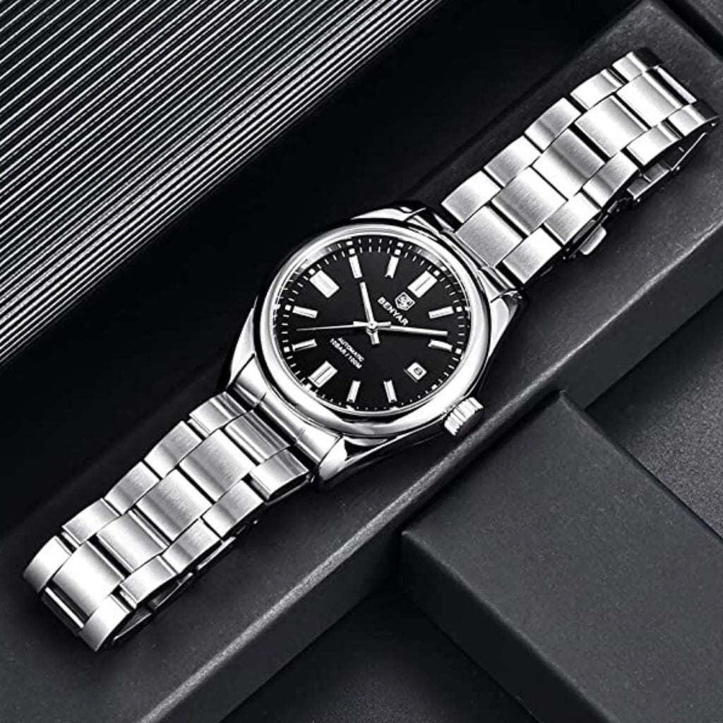 BENYAR Classic Men's Watch Stainless Steel Strap Waterproof Luminous Simple Business Sports Wristwatch - Black Dial - DREAM WATCHES