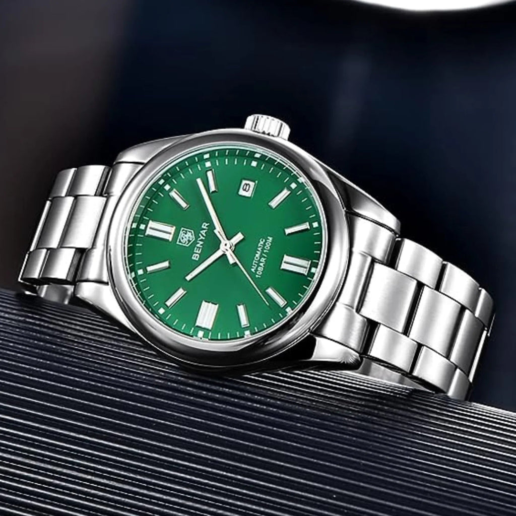 BENYAR Classic Men's Watch Stainless Steel Strap Waterproof Luminous Simple Business Sports Wristwatch - Green Dial - DREAM WATCHES