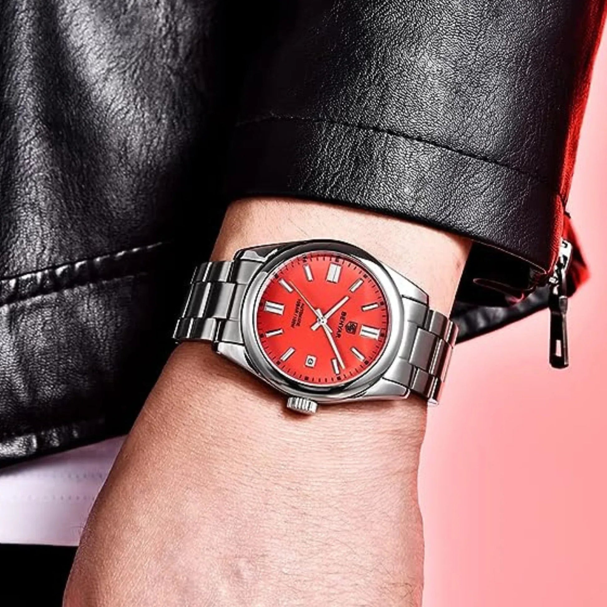 BENYAR Classic Men's Watch Stainless Steel Strap Waterproof Luminous Simple Business Sports Wristwatch - RED Dial - DREAM WATCHES