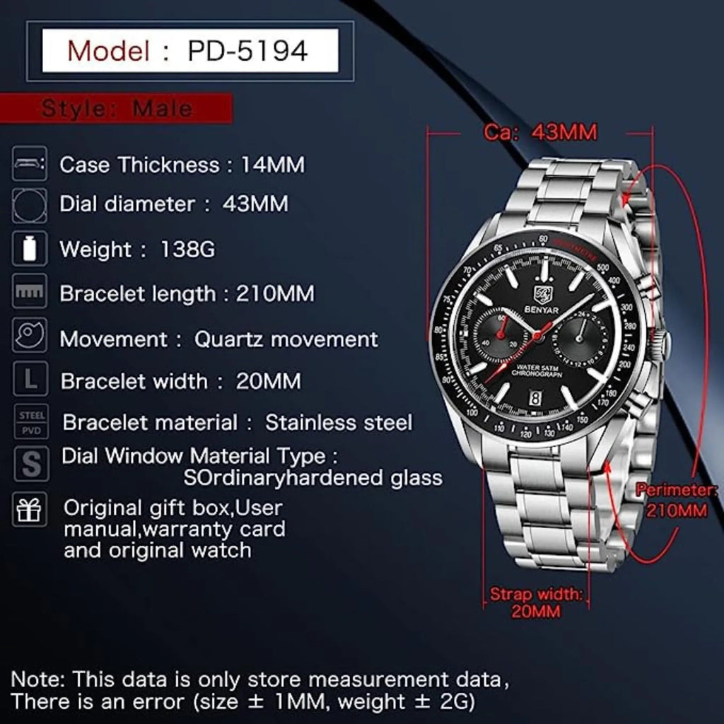 Benyar Latest BY-5194 Luxury Men Watches Waterproof Fashion Watch - Black - DREAM WATCHES