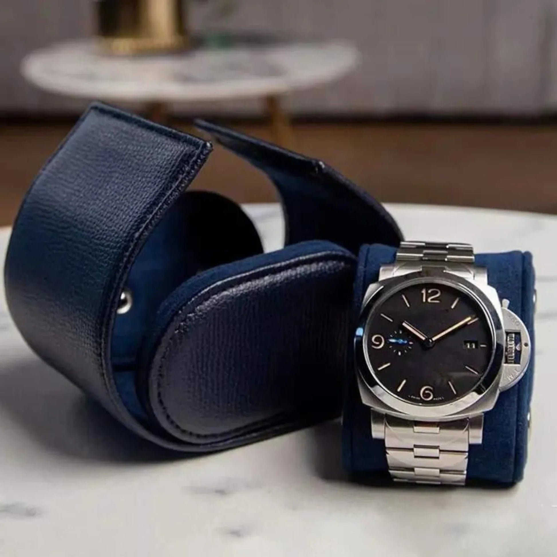 Dream Watches Minuscle Premium Watch Storage and Travel Case : Single Slot | Navy-Blue Leather - DREAM WATCHES