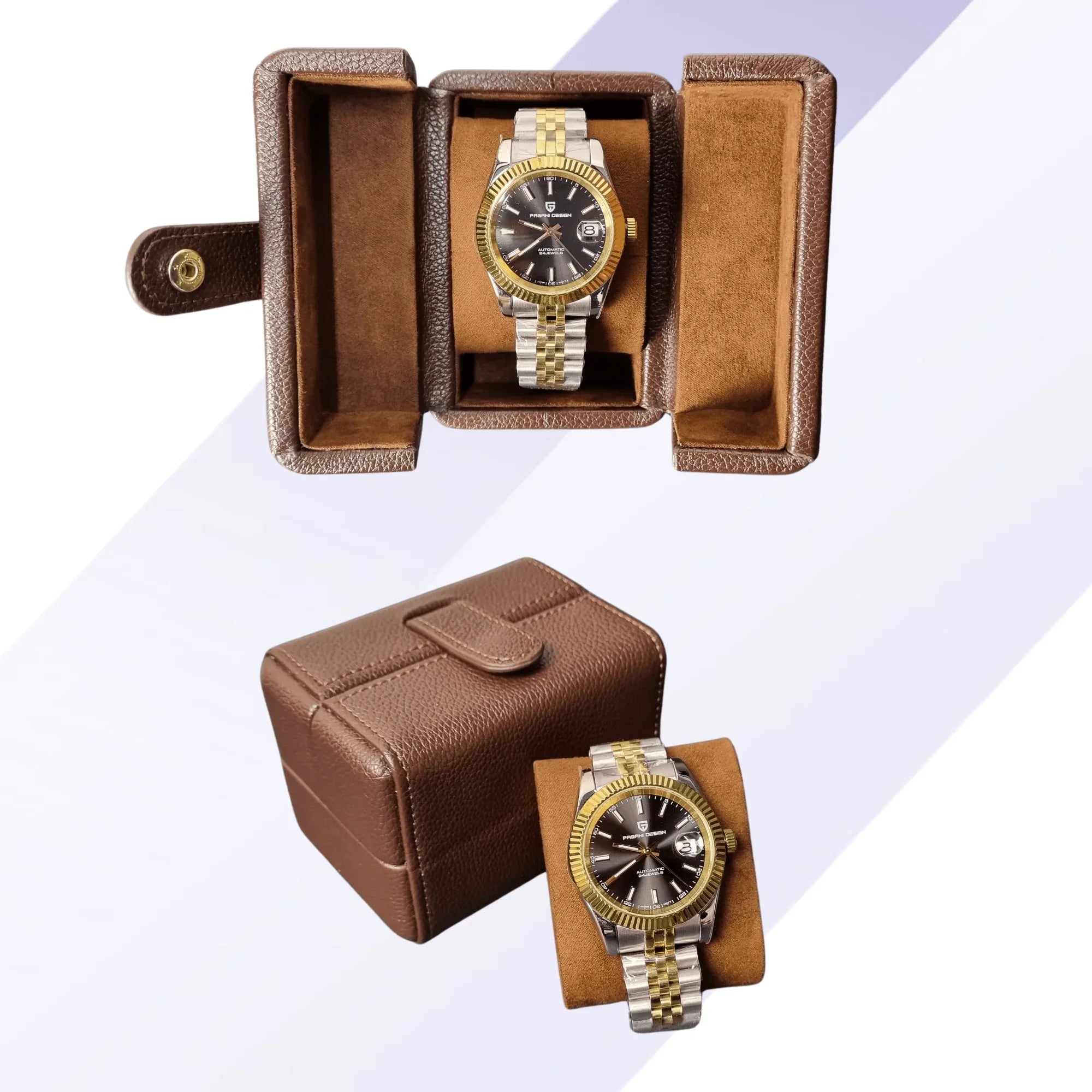 Dream Watches Premium Double Folding Leather Watch Case | Removable Cushion | Dual Shade | Suede Lined - DREAM WATCHES