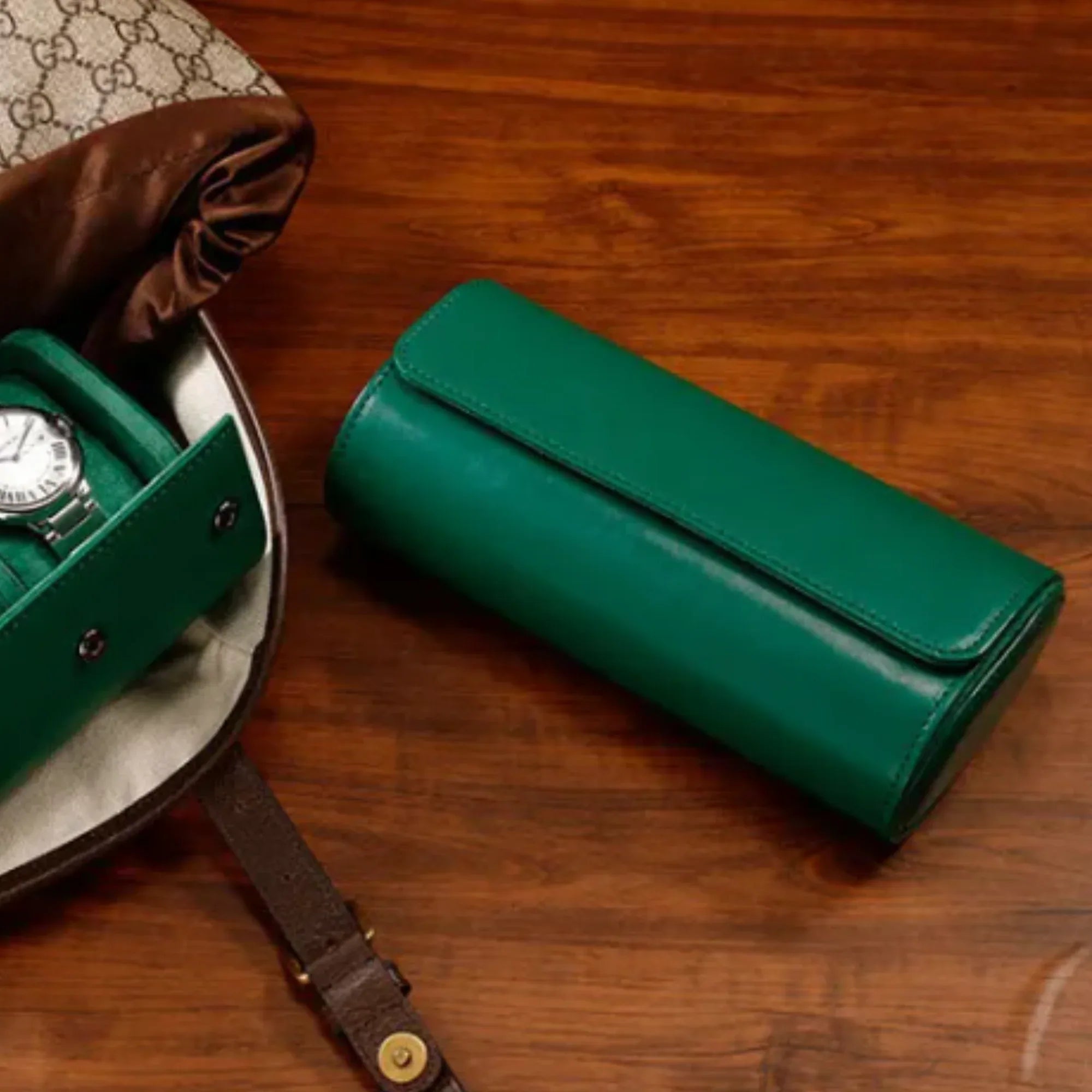 Dream Watches Trenta Premium Watch Storage and Travel Case : Triple Slot | Green Leather - DREAM WATCHES