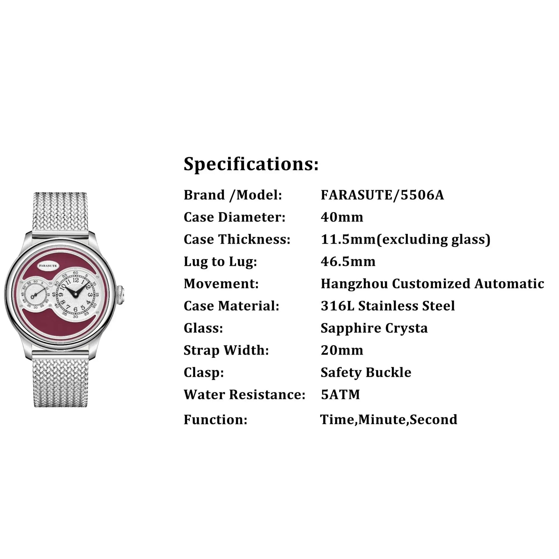 FARASUTE Mechanical wristwatch with custom movement - Maroon - DREAM WATCHES