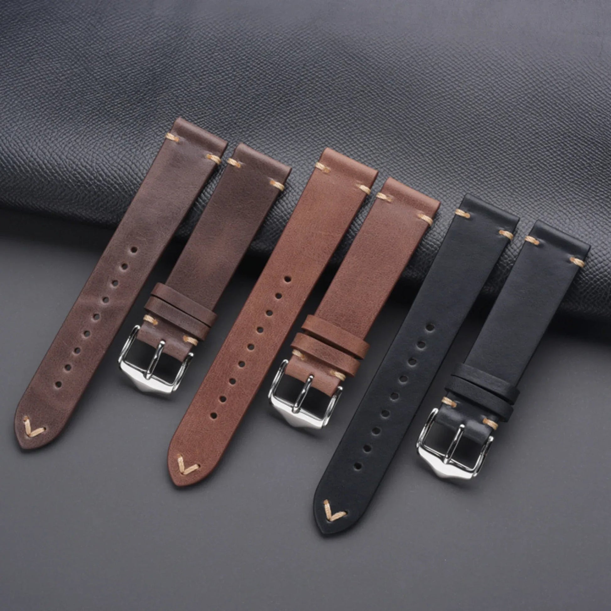 Genuine Leather Watch Strap Watchband 20mm with Steel Pin buckle - Black - DREAM WATCHES