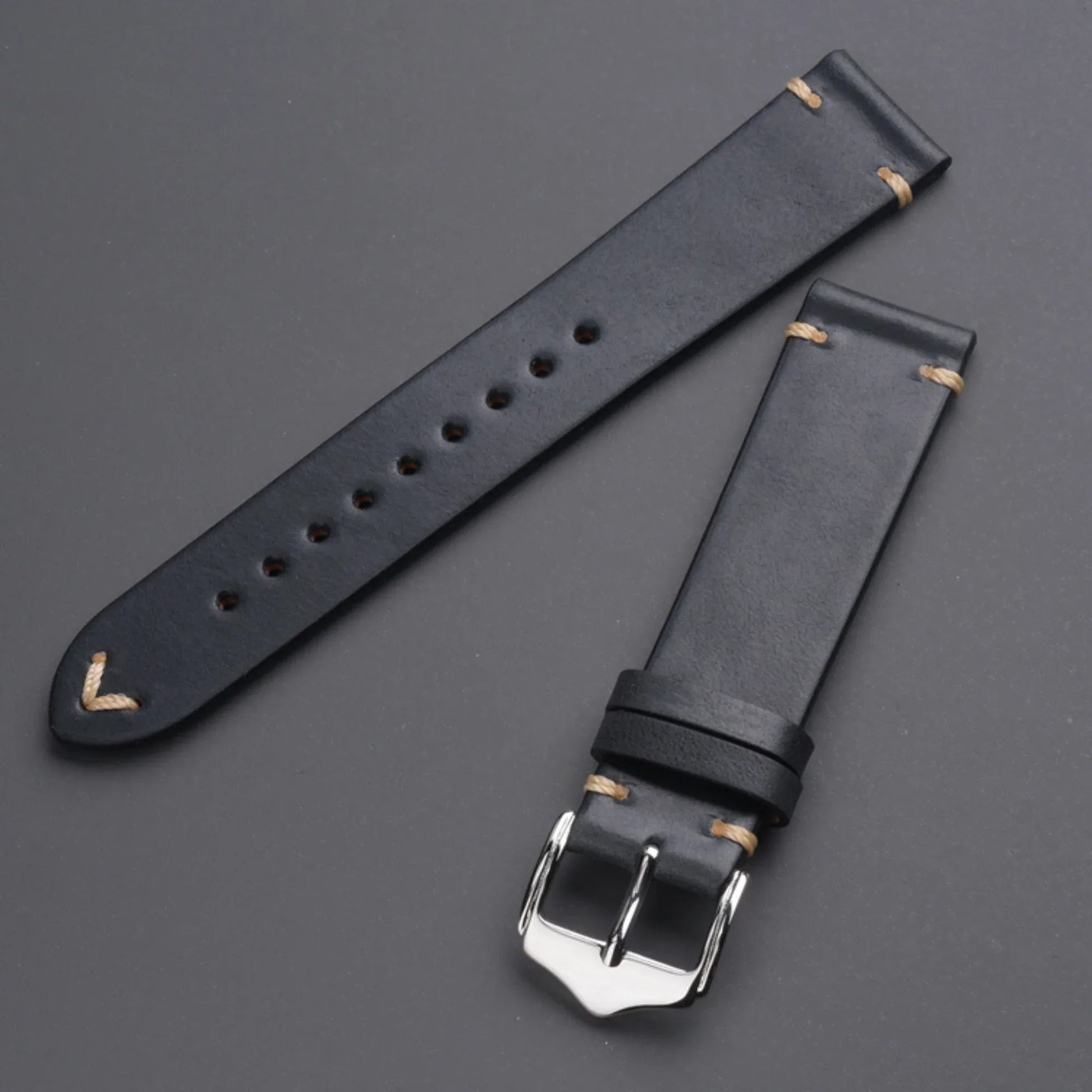 Genuine Leather Watch Strap Watchband 20mm with Steel Pin buckle - Black - DREAM WATCHES