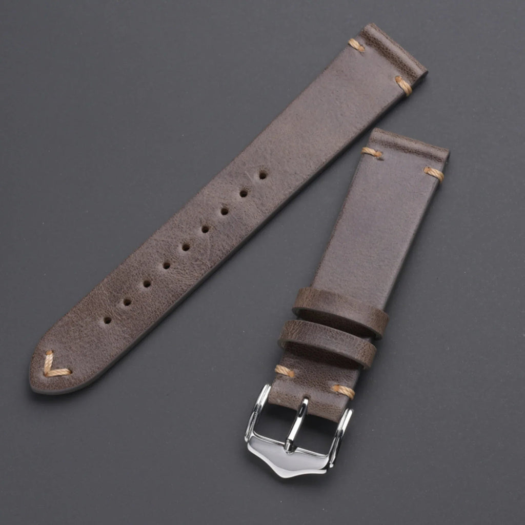 Genuine Leather Watch Strap Watchband 20mm with Steel Pin buckle - Oil Dark Brown - DREAM WATCHES