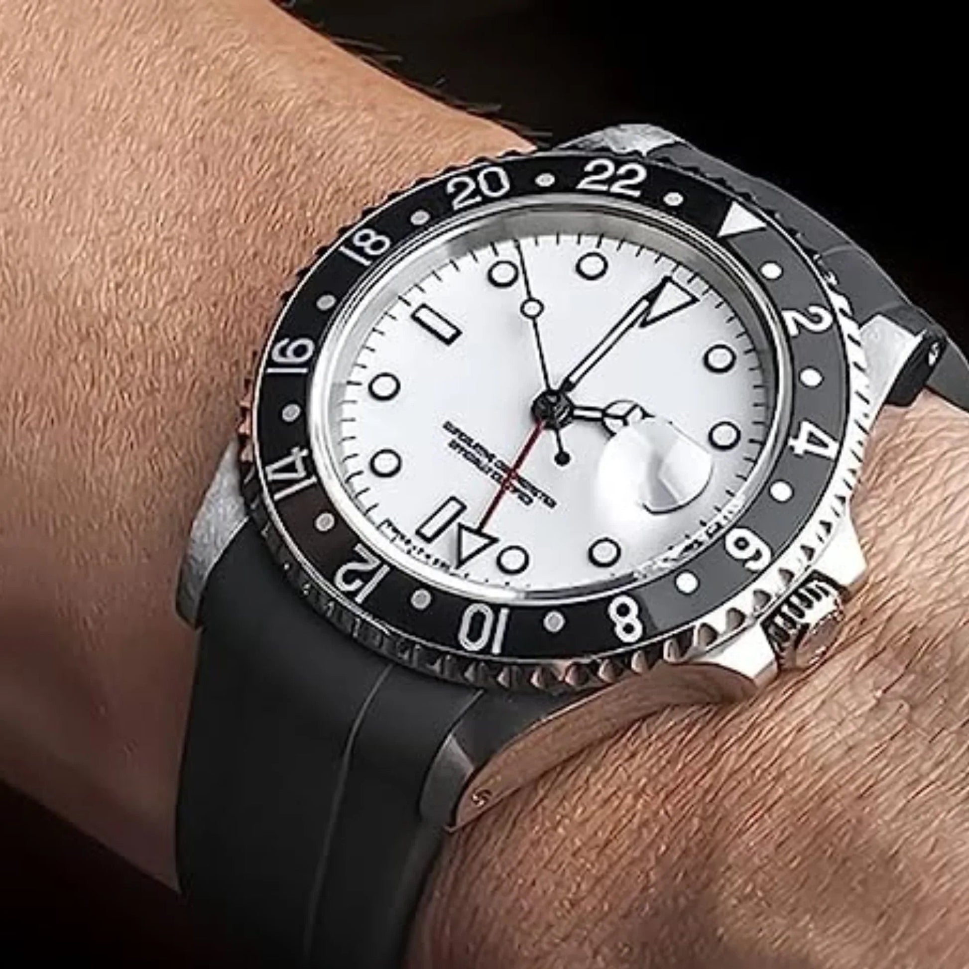 High End Curved FKM Rubber Watch Band - Oyster Style Deployment Clasp: 20 mm - Black - DREAM WATCHES