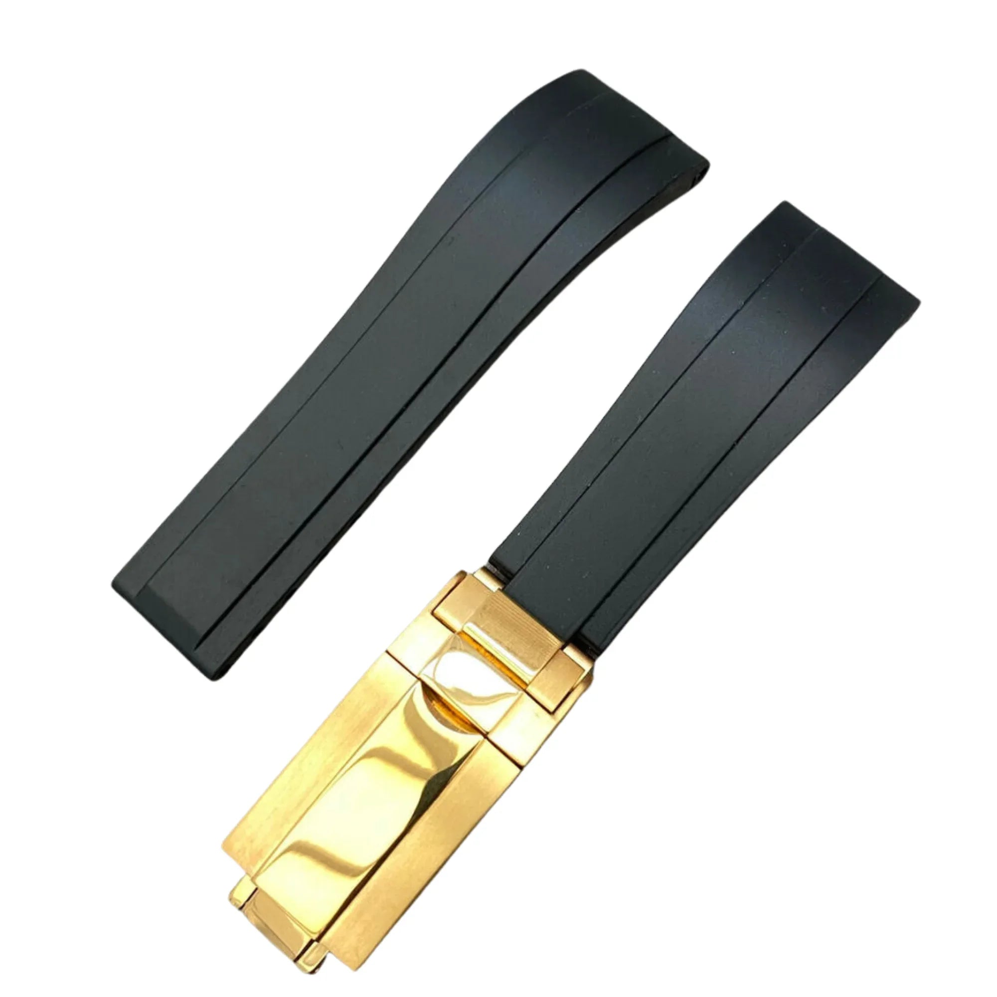 High End Curved FKM Rubber Watch Band - Oyster Style Deployment Clasp: 20 mm - Black/ Golden - DREAM WATCHES